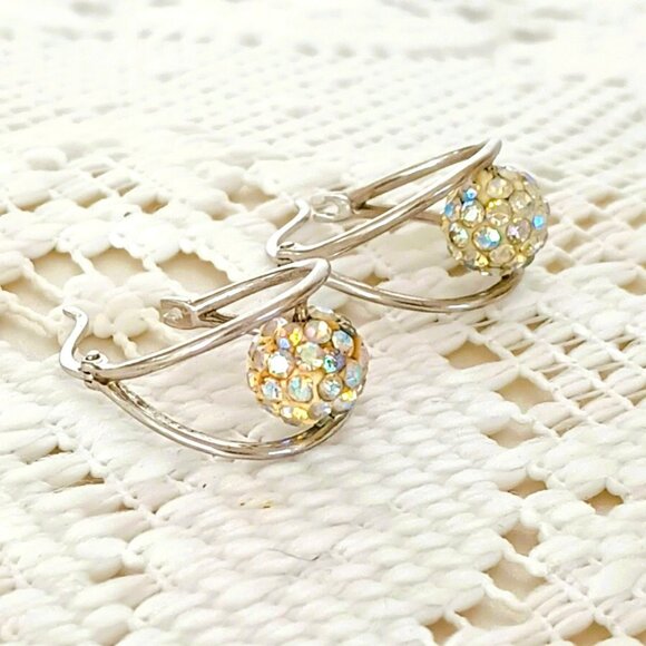 925 Floating Crystal Double Hoop Earrings Sterling Silver Drop Post Earrings - Picture 11 of 14